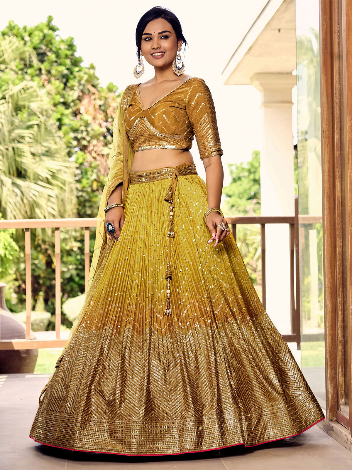 Odette Yellow Chinon Embellished Semi Stitched Lehenga With Unstitched Blouse For Women