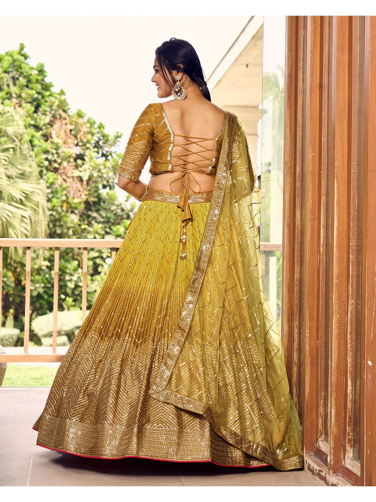 Odette Yellow Chinon Embellished Semi Stitched Lehenga With Unstitched Blouse For Women