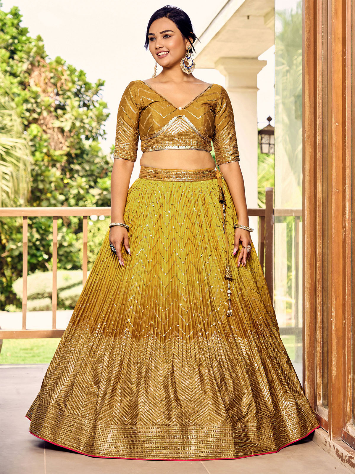 Odette Yellow Chinon Embellished Semi Stitched Lehenga With Unstitched Blouse For Women