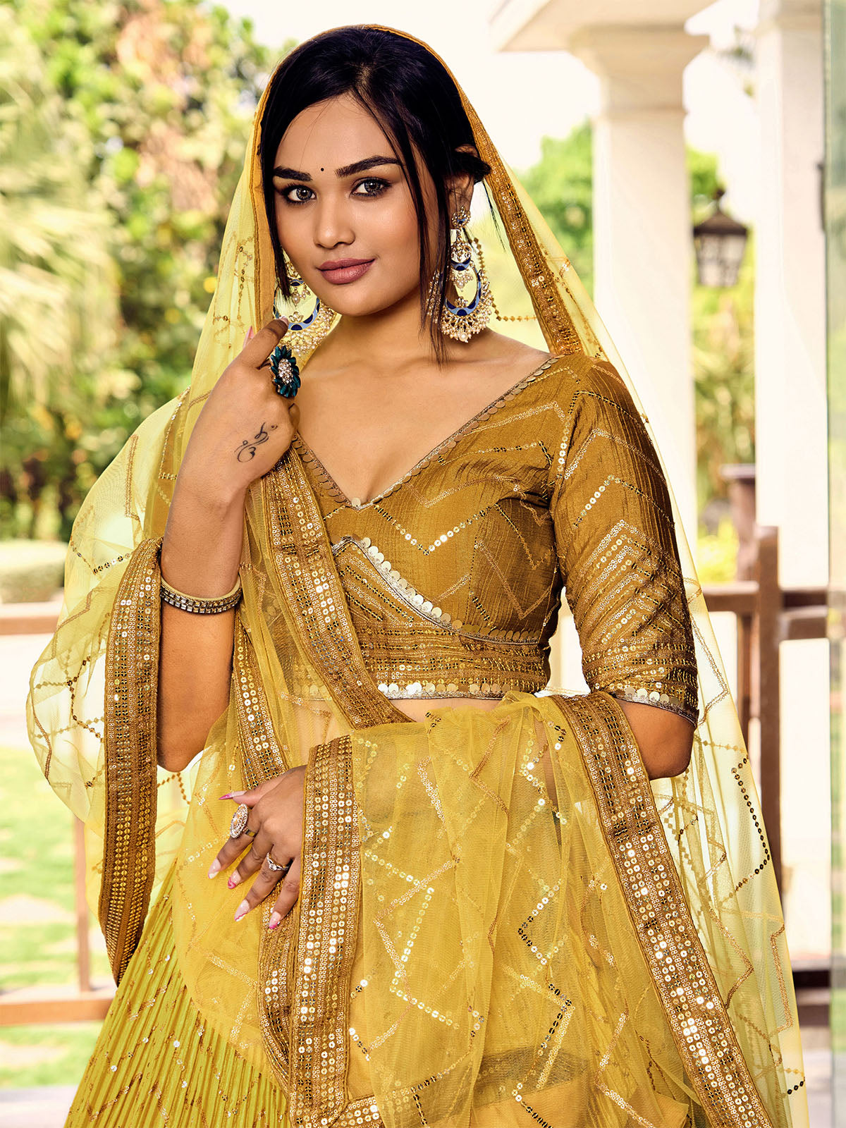 Odette Yellow Chinon Embellished Semi Stitched Lehenga With Unstitched Blouse For Women