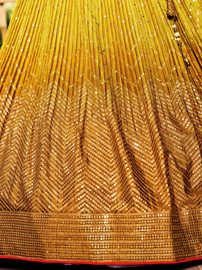 Odette Yellow Chinon Embellished Semi Stitched Lehenga With Unstitched Blouse For Women