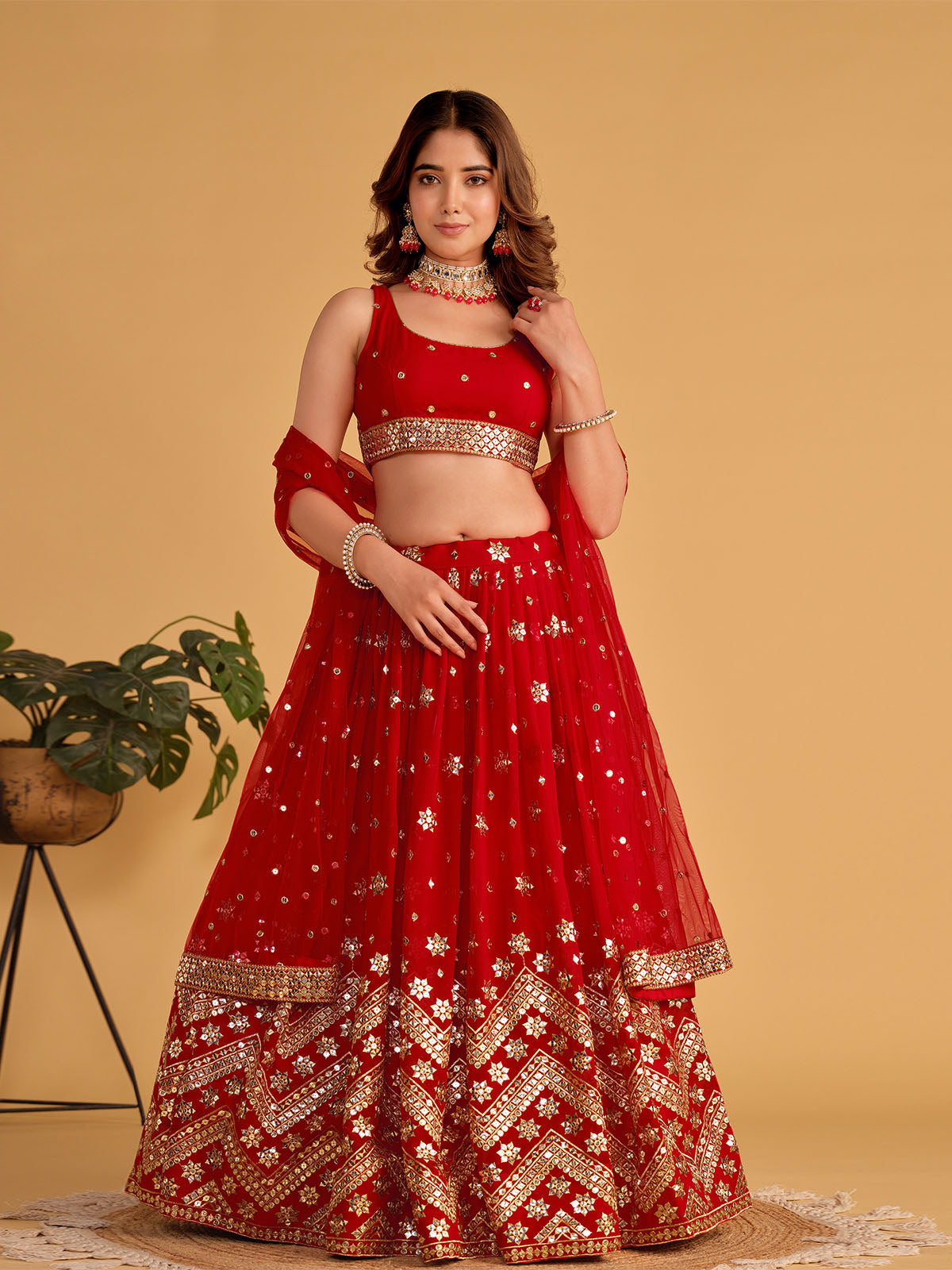 Odette Red Georgette Embellished Semi Stitched Lehenga With Unstitched Blouse For Women