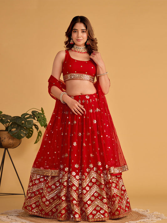 Odette Red Georgette Embellished Semi Stitched Lehenga With Unstitched Blouse For Women
