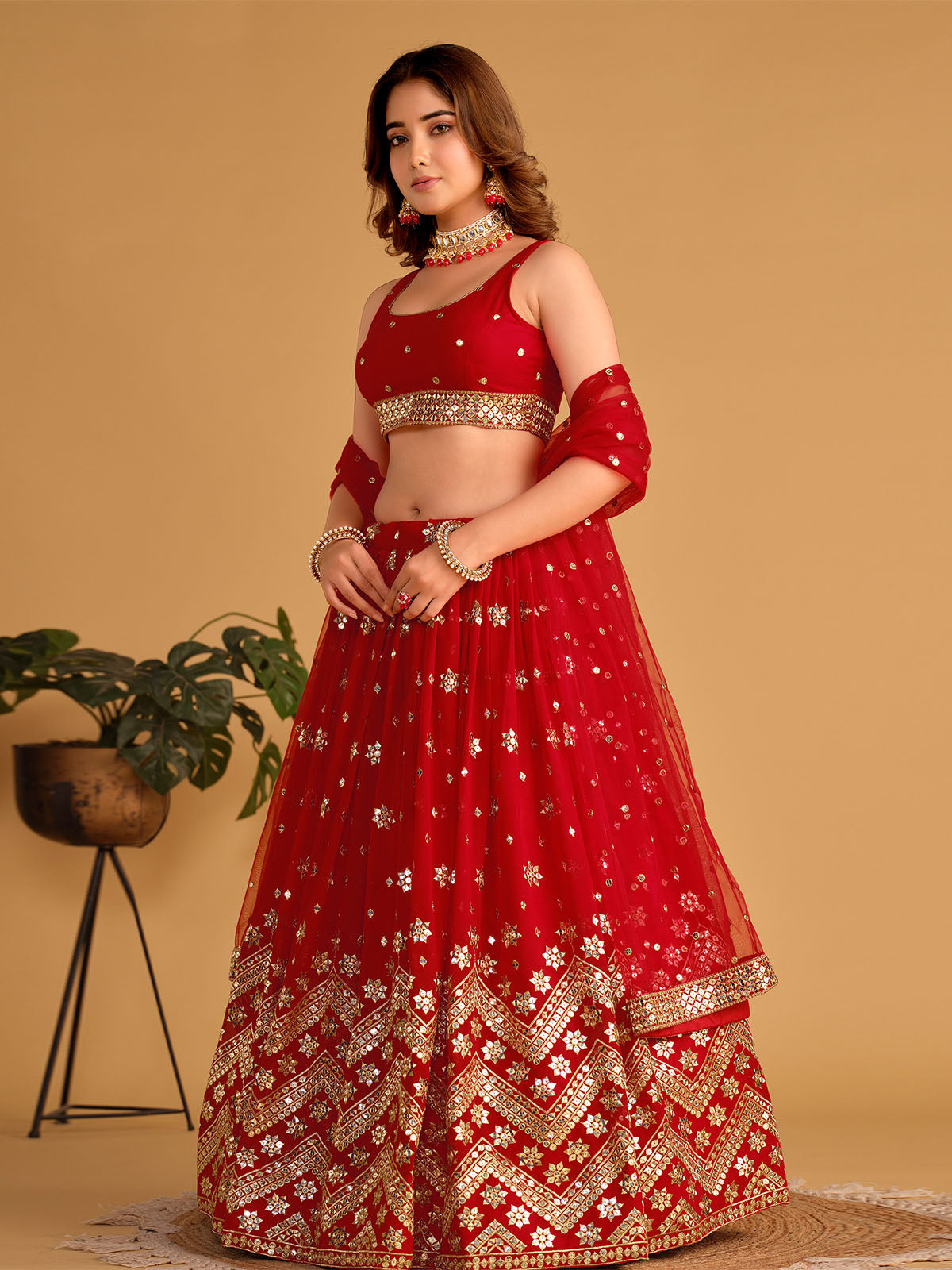 Odette Red Georgette Embellished Semi Stitched Lehenga With Unstitched Blouse For Women