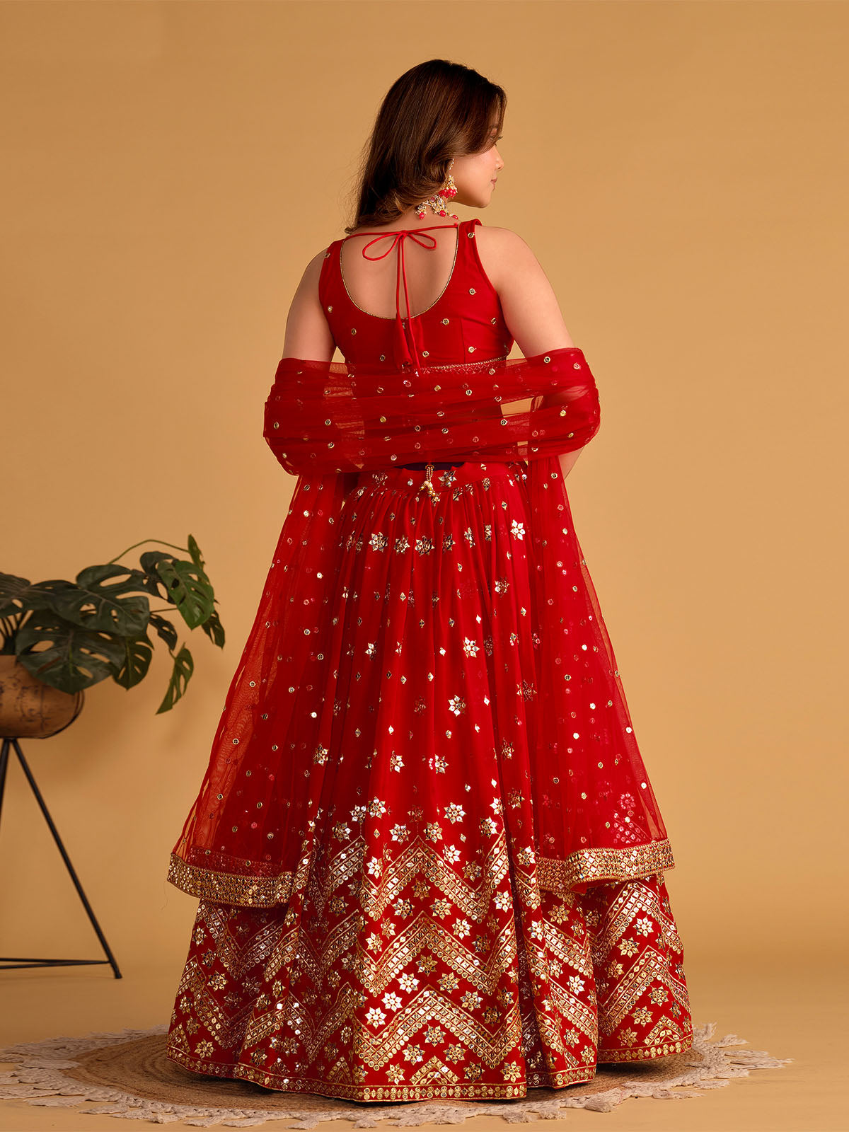 Odette Red Georgette Embellished Semi Stitched Lehenga With Unstitched Blouse For Women