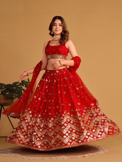 Odette Red Georgette Embellished Semi Stitched Lehenga With Unstitched Blouse For Women