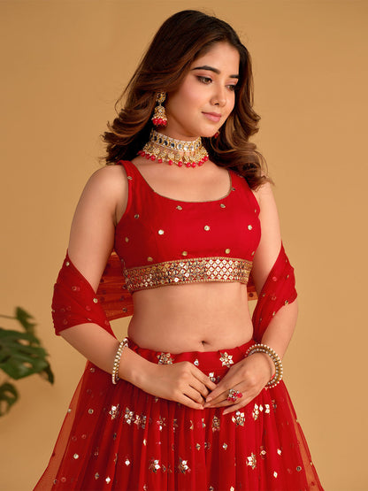 Odette Red Georgette Embellished Semi Stitched Lehenga With Unstitched Blouse For Women