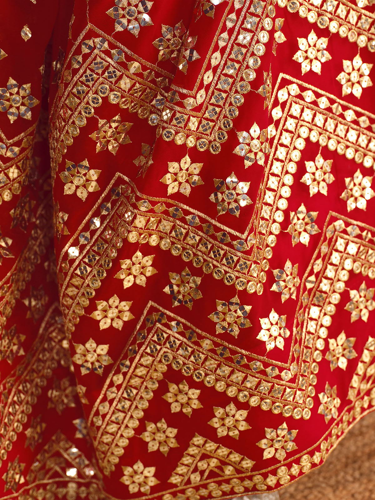 Odette Red Georgette Embellished Semi Stitched Lehenga With Unstitched Blouse For Women