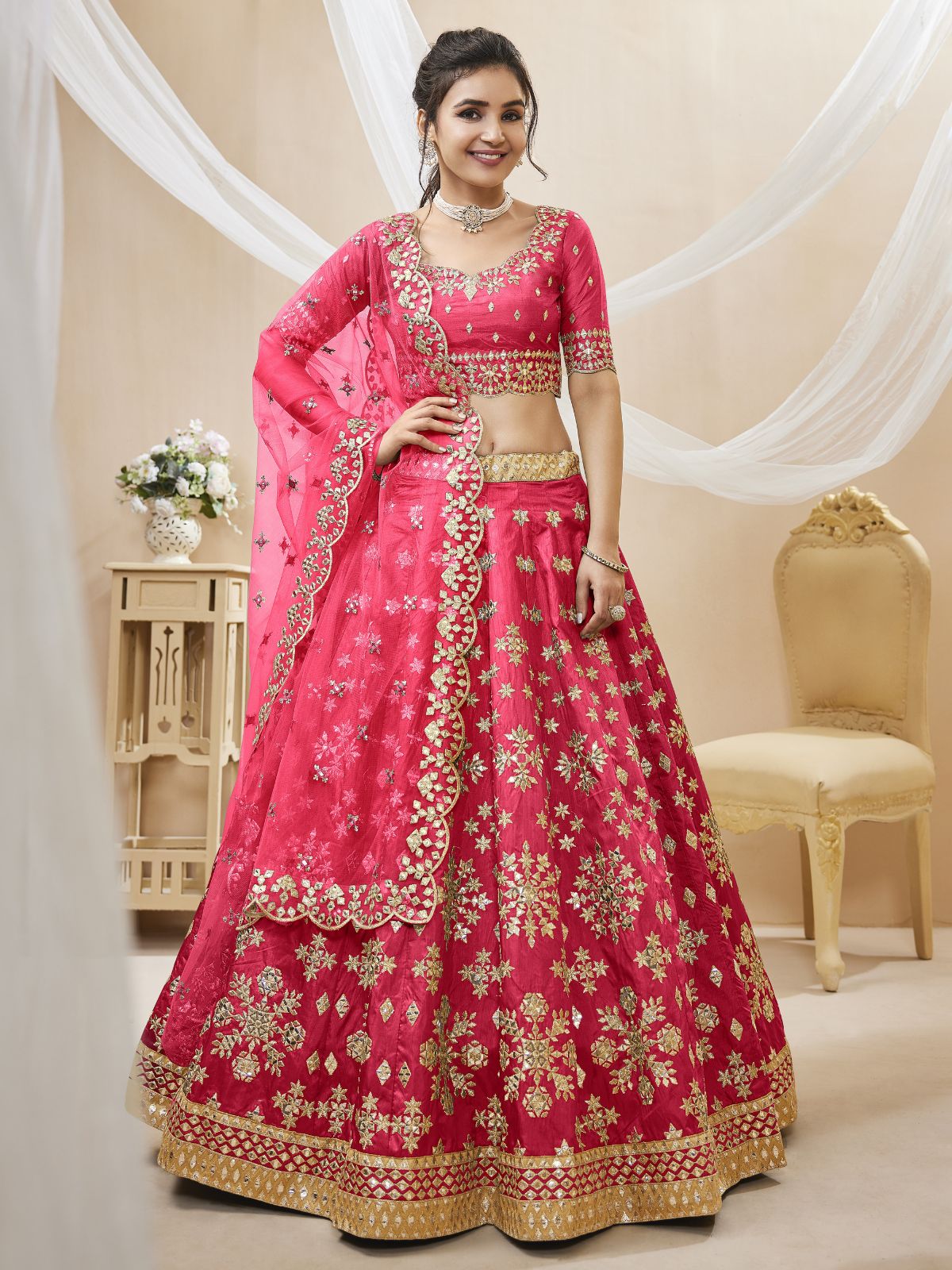 Odette Pink Art Silk Embroidered Semi Stitched Lehenga With Unstitched Blouse For Women