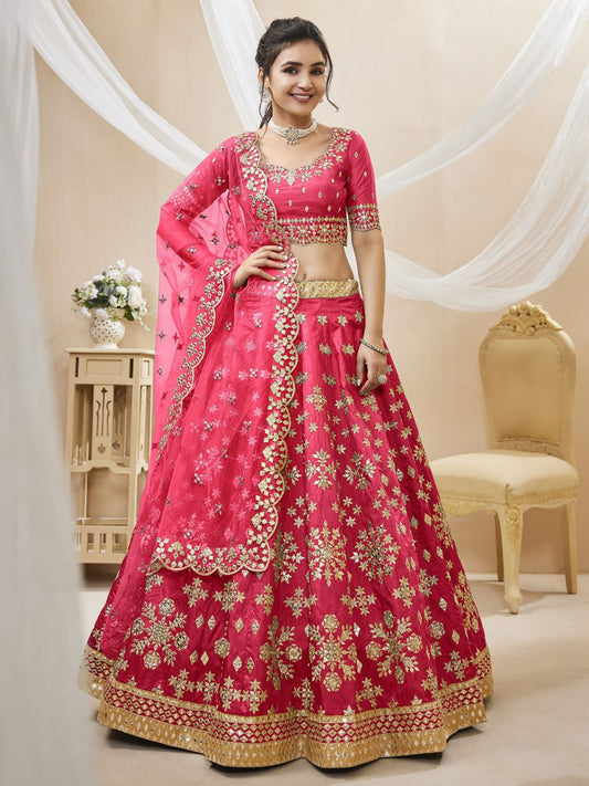 Odette Pink Art Silk Embroidered Semi Stitched Lehenga With Unstitched Blouse For Women