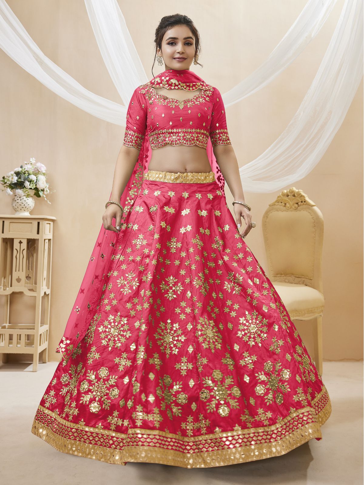 Odette Pink Art Silk Embroidered Semi Stitched Lehenga With Unstitched Blouse For Women