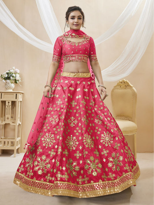 Odette Pink Art Silk Embroidered Semi Stitched Lehenga With Unstitched Blouse For Women