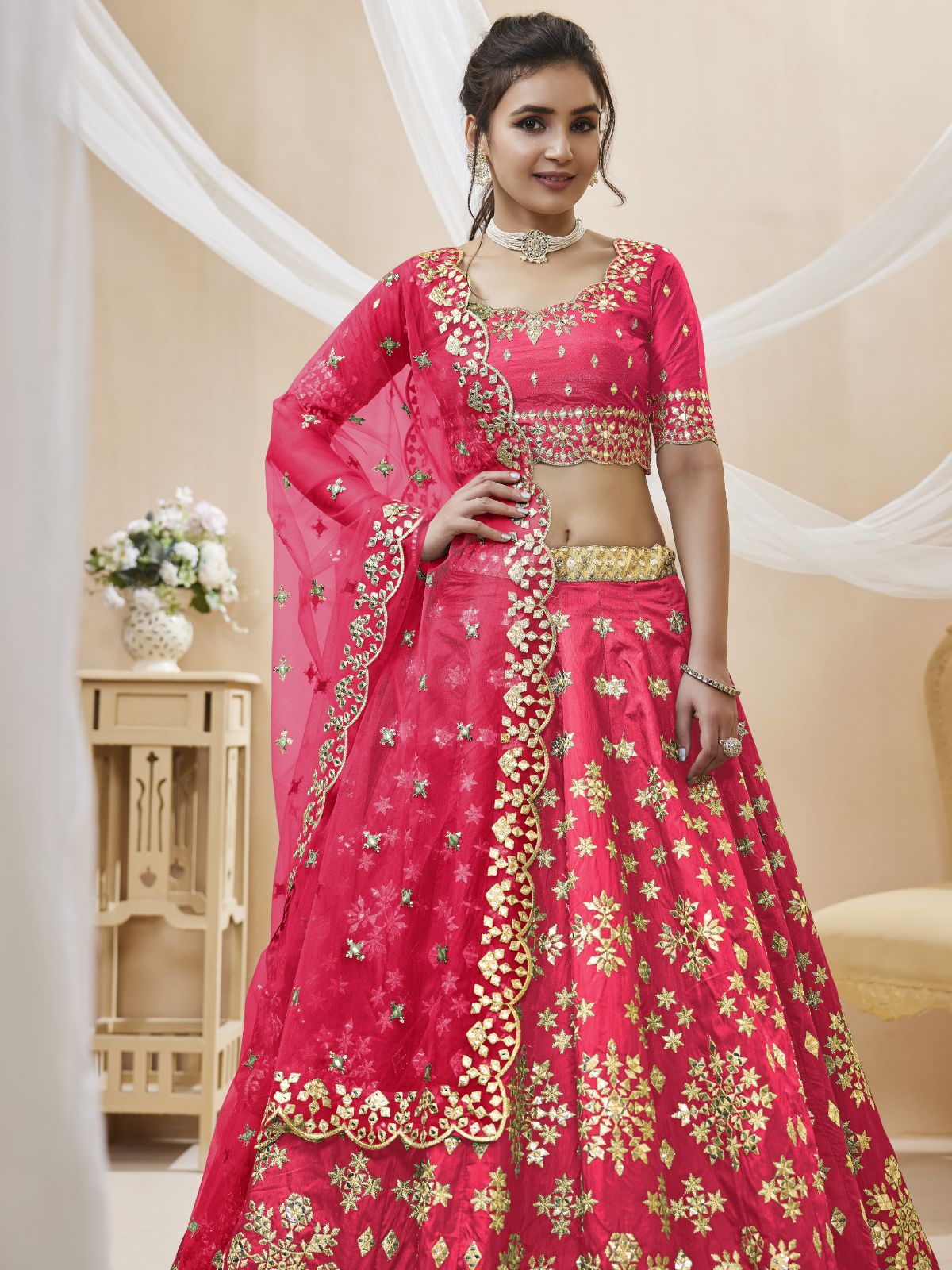 Odette Pink Art Silk Embroidered Semi Stitched Lehenga With Unstitched Blouse For Women