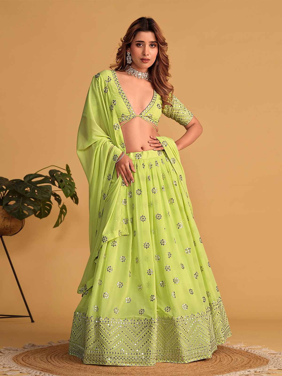 Odette Green Georgette Embellished Semi Stitched Lehenga With Unstitched Blouse For Women