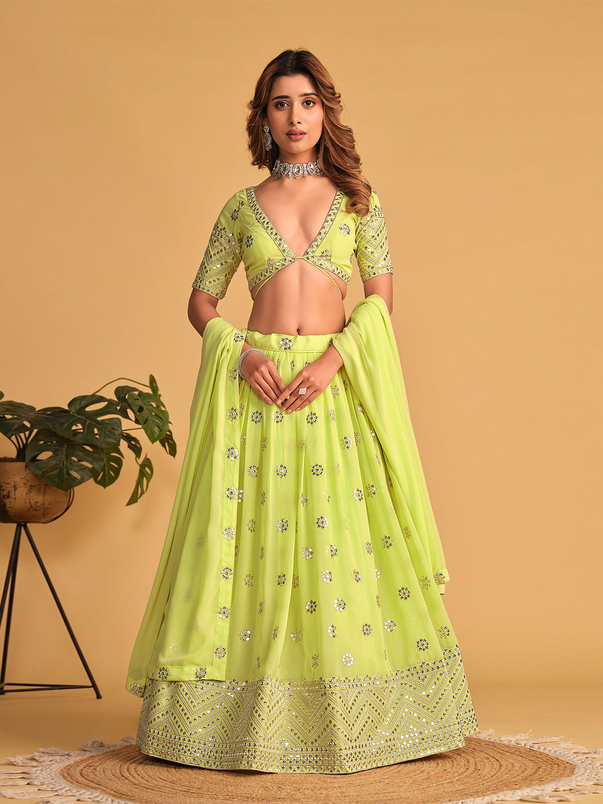 Odette Green Georgette Embellished Semi Stitched Lehenga With Unstitched Blouse For Women