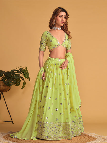 Odette Green Georgette Embellished Semi Stitched Lehenga With Unstitched Blouse For Women