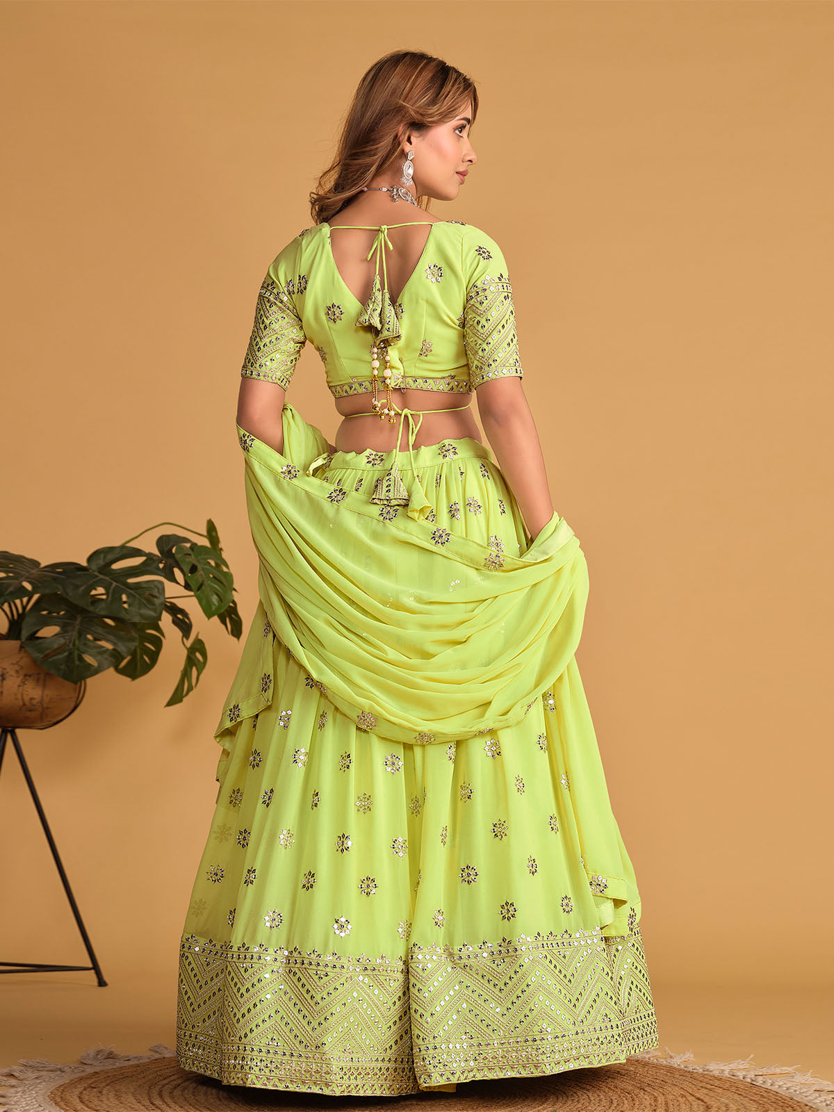 Odette Green Georgette Embellished Semi Stitched Lehenga With Unstitched Blouse For Women