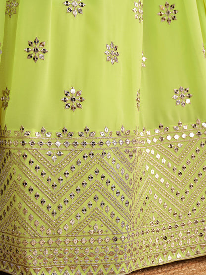 Odette Green Georgette Embellished Semi Stitched Lehenga With Unstitched Blouse For Women
