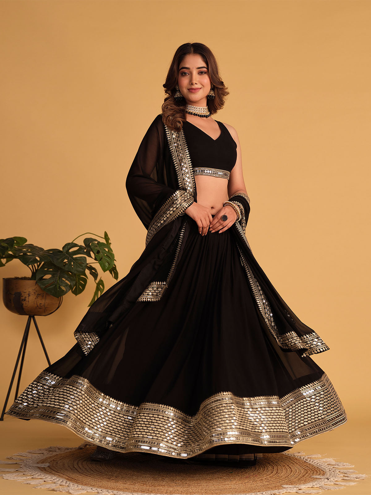 Odette Black Georgette Embellished Semi Stitched Lehenga With Unstitched Blouse For Women