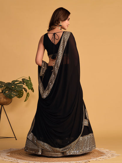 Odette Black Georgette Embellished Semi Stitched Lehenga With Unstitched Blouse For Women