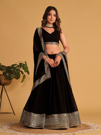 Odette Black Georgette Embellished Semi Stitched Lehenga With Unstitched Blouse For Women