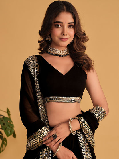 Odette Black Georgette Embellished Semi Stitched Lehenga With Unstitched Blouse For Women