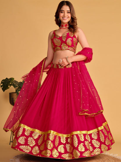 Odette Pink Georgette Embellished Semi Stitched Lehenga With Unstitched Blouse For Women
