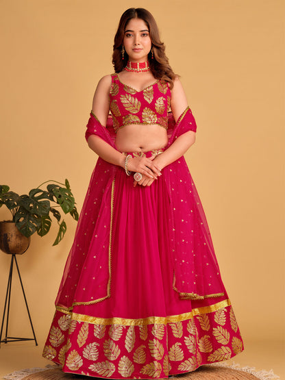 Odette Pink Georgette Embellished Semi Stitched Lehenga With Unstitched Blouse For Women