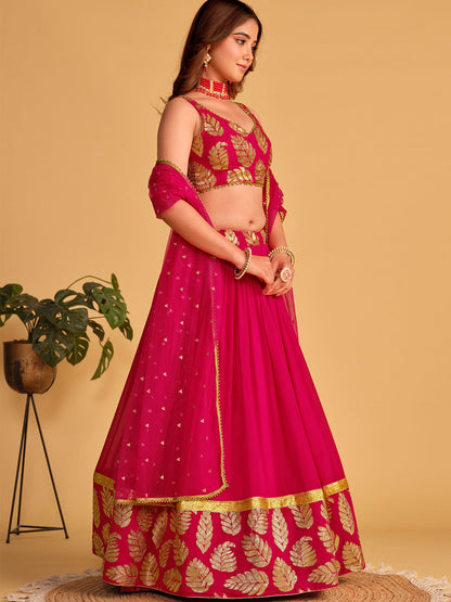 Odette Pink Georgette Embellished Semi Stitched Lehenga With Unstitched Blouse For Women