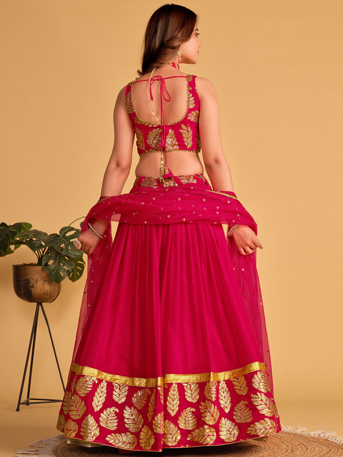 Odette Pink Georgette Embellished Semi Stitched Lehenga With Unstitched Blouse For Women
