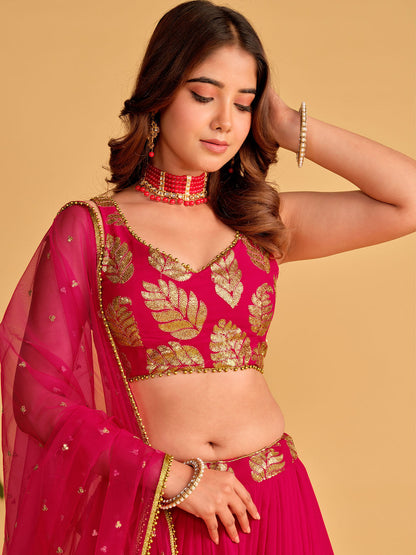 Odette Pink Georgette Embellished Semi Stitched Lehenga With Unstitched Blouse For Women