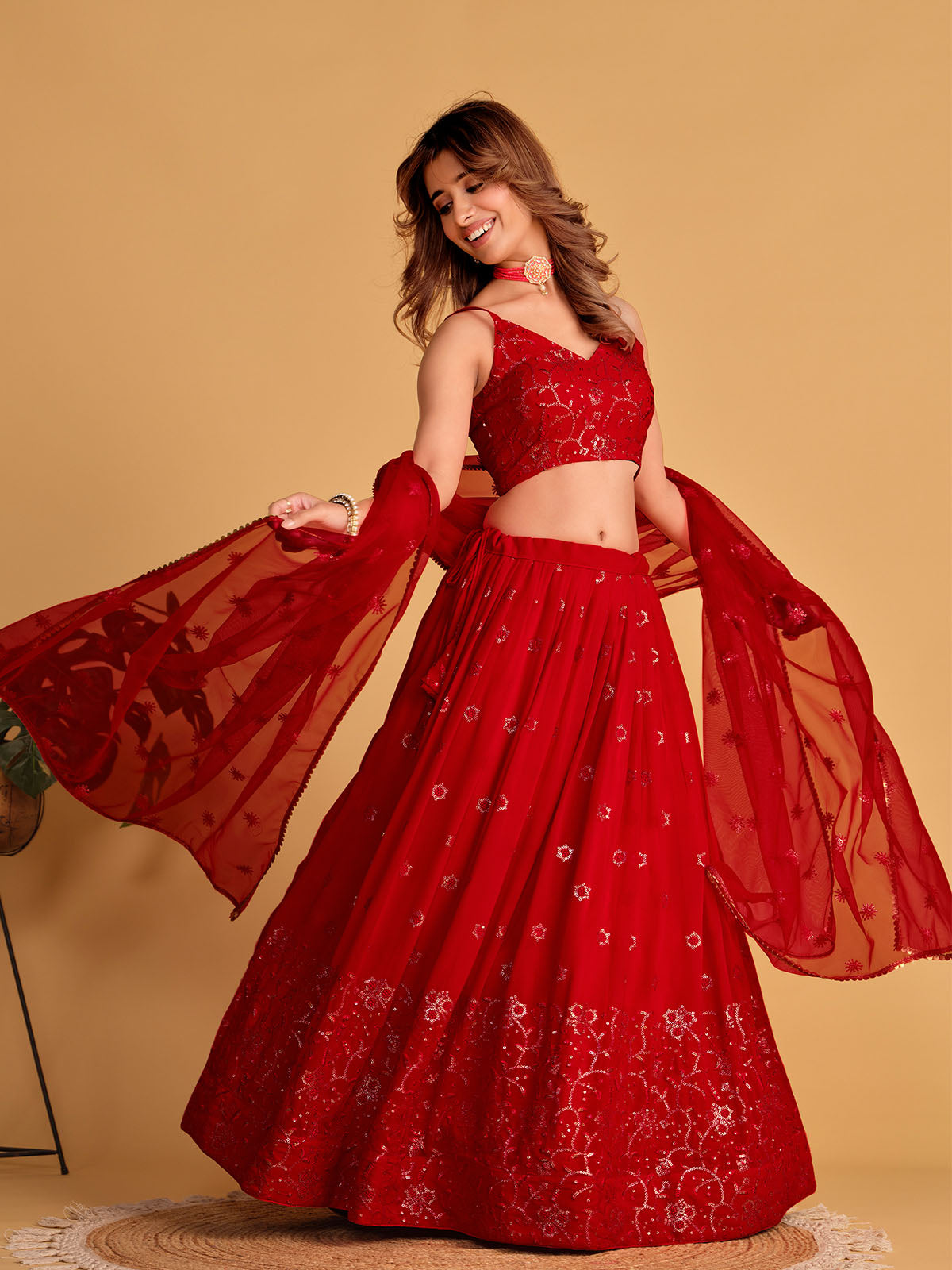 Odette Red Georgette Embellished Semi Stitched Lehenga With Unstitched Blouse For Women