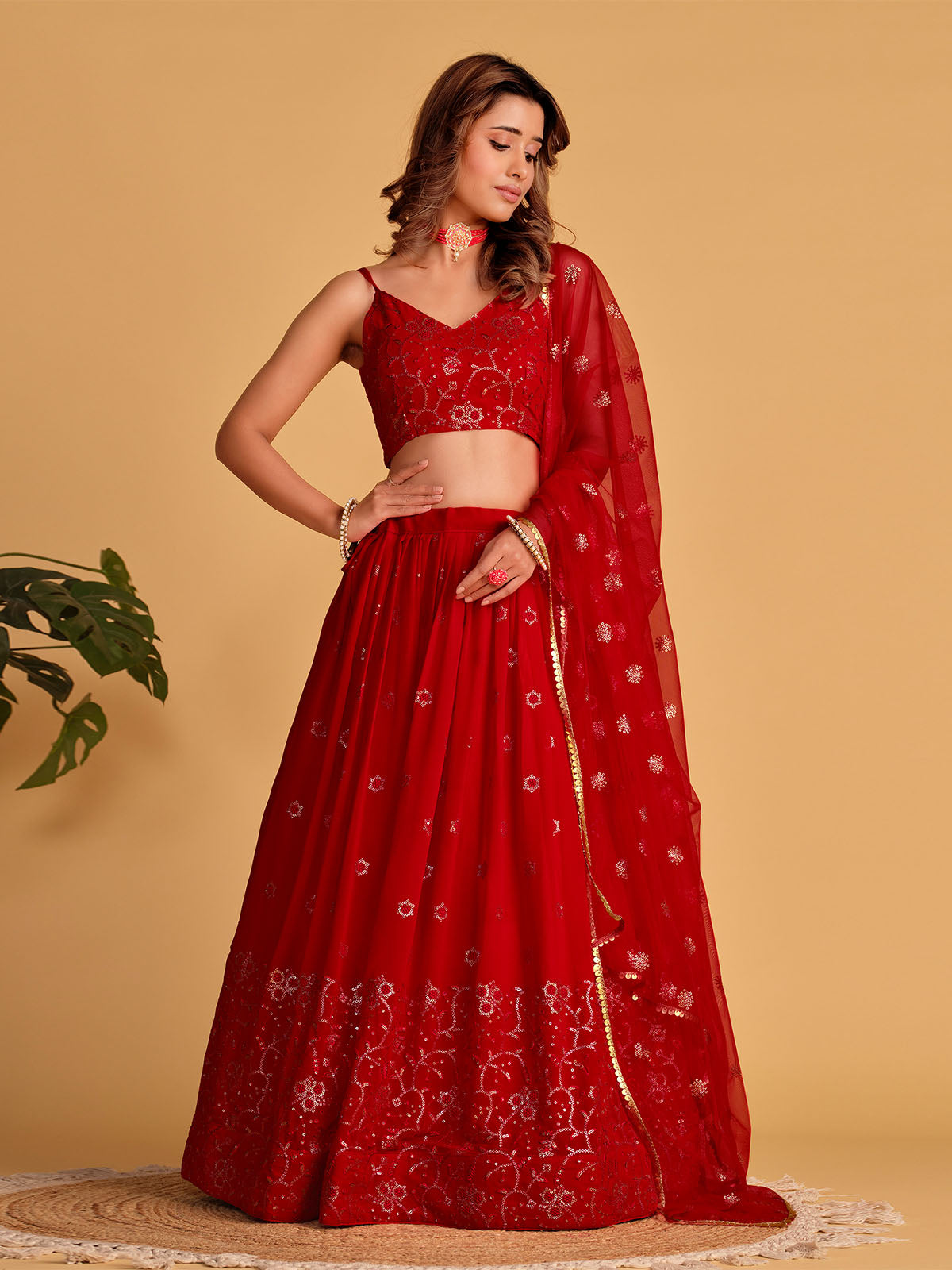 Odette Red Georgette Embellished Semi Stitched Lehenga With Unstitched Blouse For Women