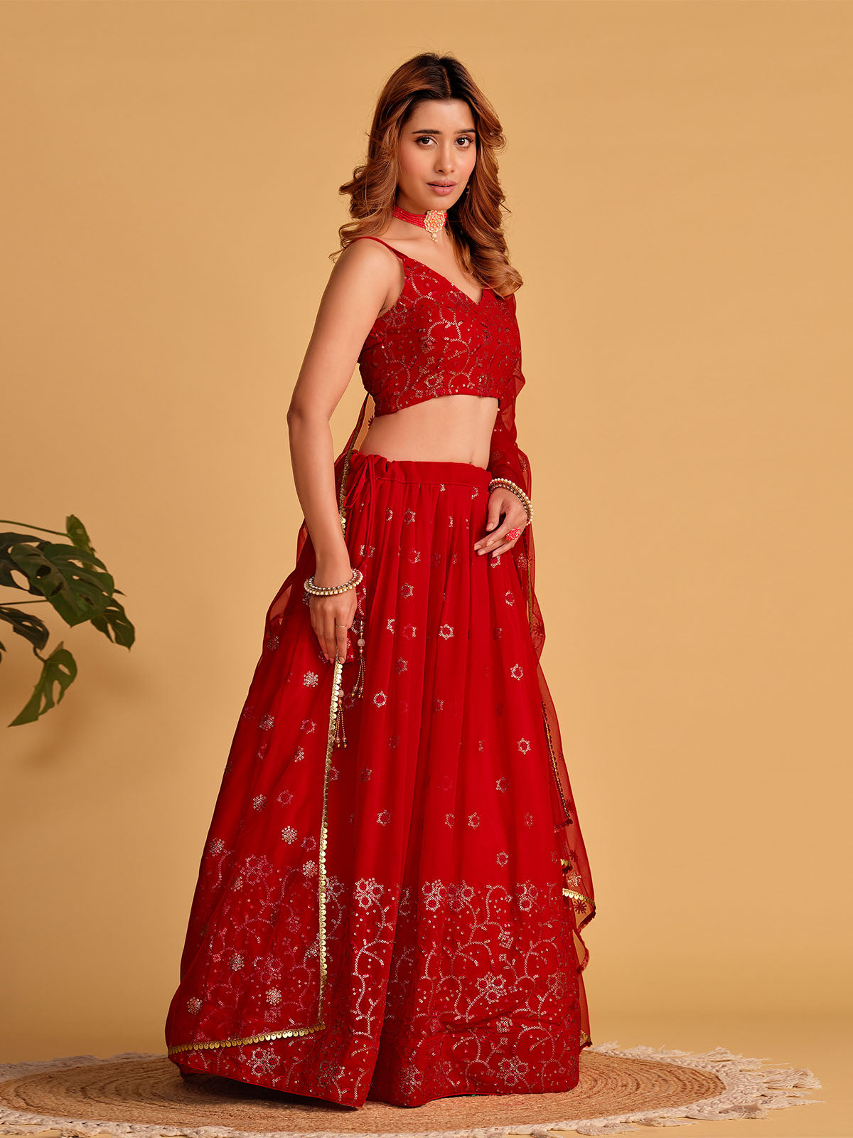 Odette Red Georgette Embellished Semi Stitched Lehenga With Unstitched Blouse For Women