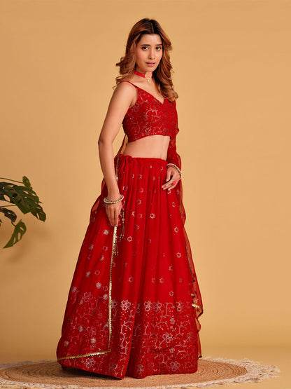 Odette Red Georgette Embellished Semi Stitched Lehenga With Unstitched Blouse For Women