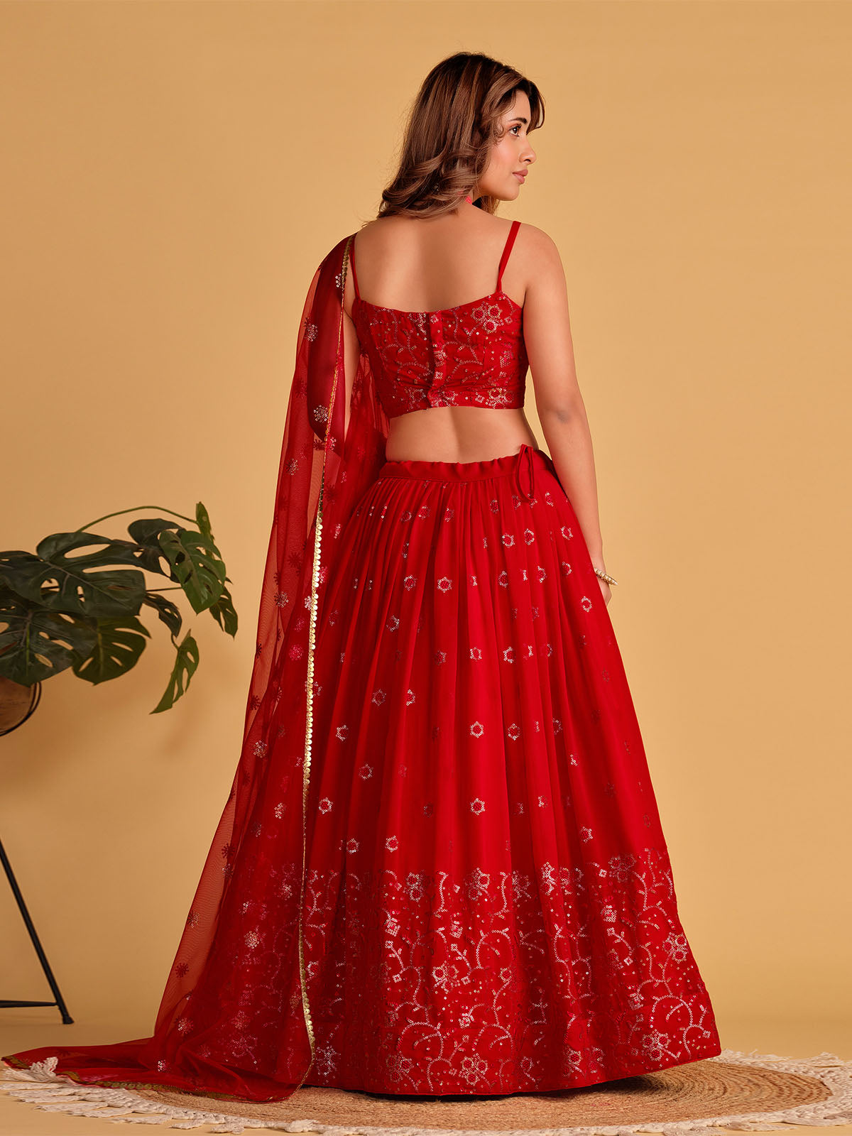 Odette Red Georgette Embellished Semi Stitched Lehenga With Unstitched Blouse For Women