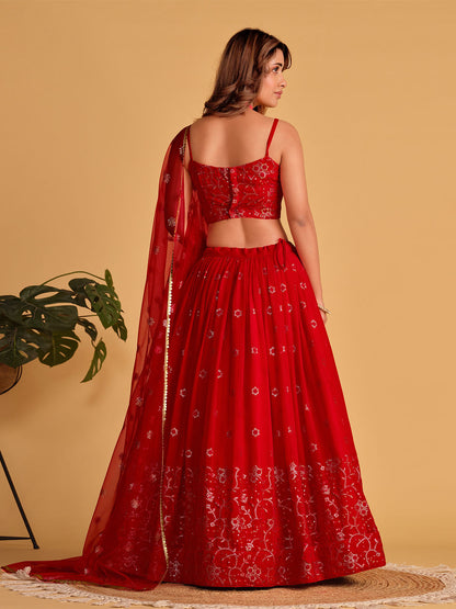 Odette Red Georgette Embellished Semi Stitched Lehenga With Unstitched Blouse For Women