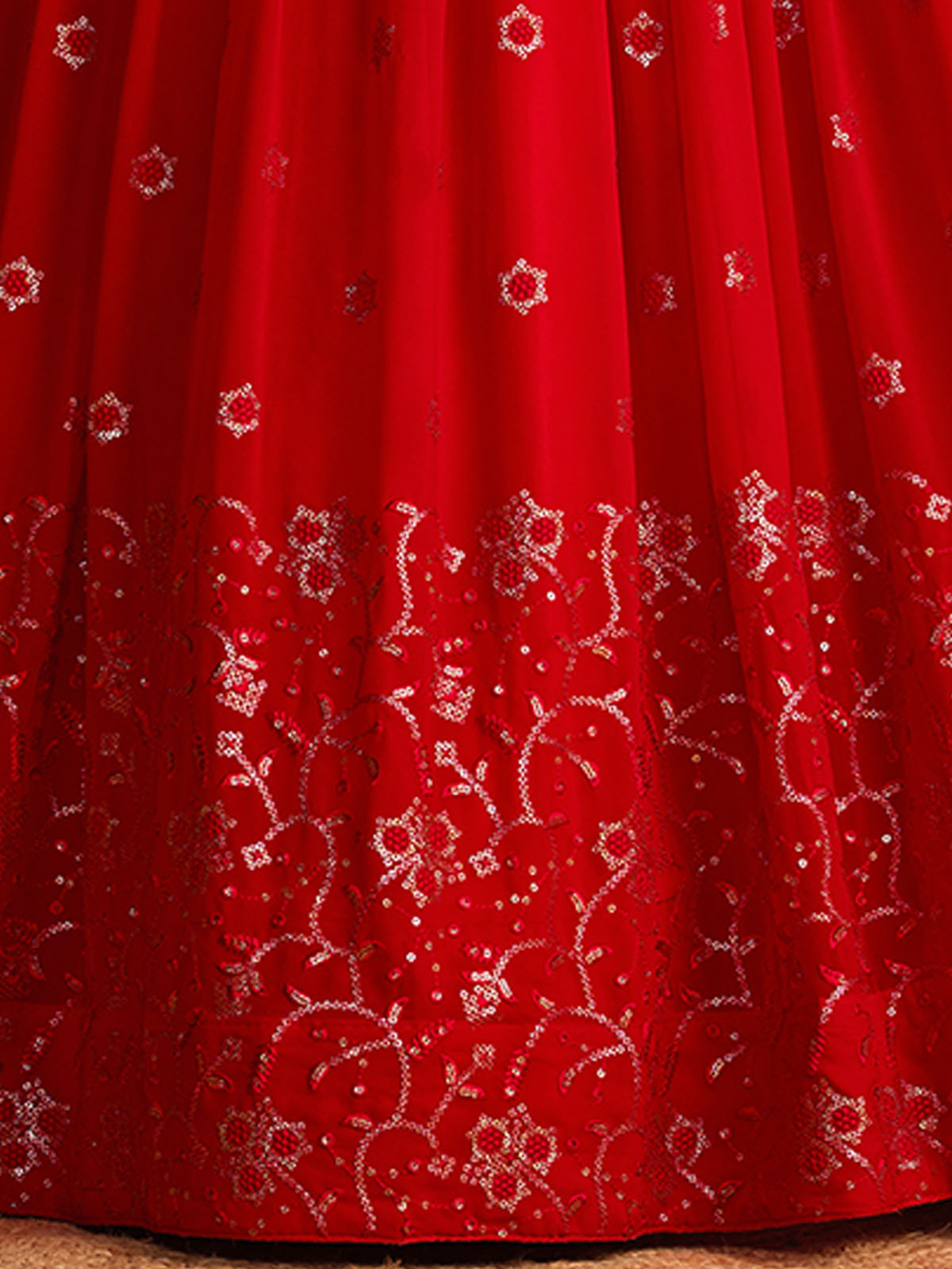 Odette Red Georgette Embellished Semi Stitched Lehenga With Unstitched Blouse For Women