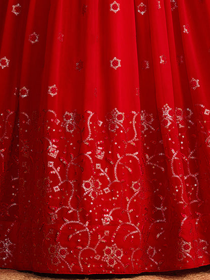 Odette Red Georgette Embellished Semi Stitched Lehenga With Unstitched Blouse For Women