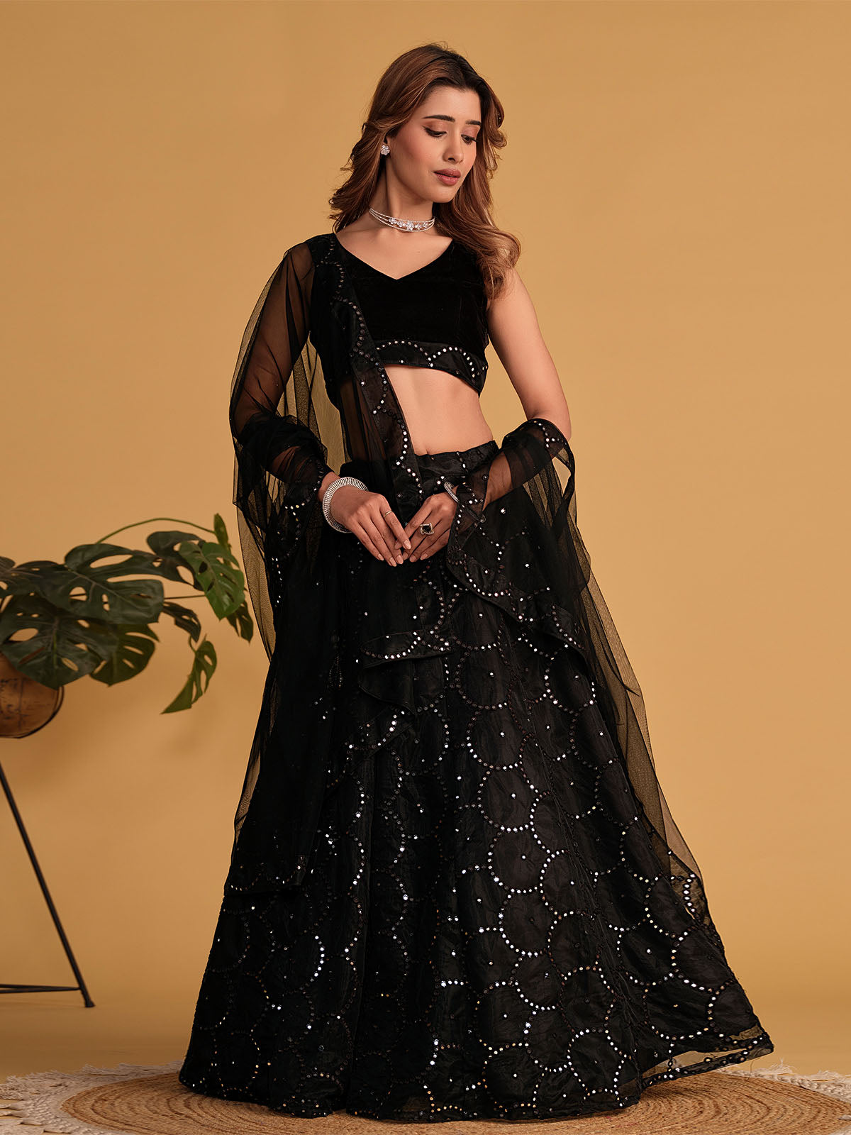 Odette Black Organza Net Embellished Semi Stitched Lehenga With Unstitched Blouse For Women
