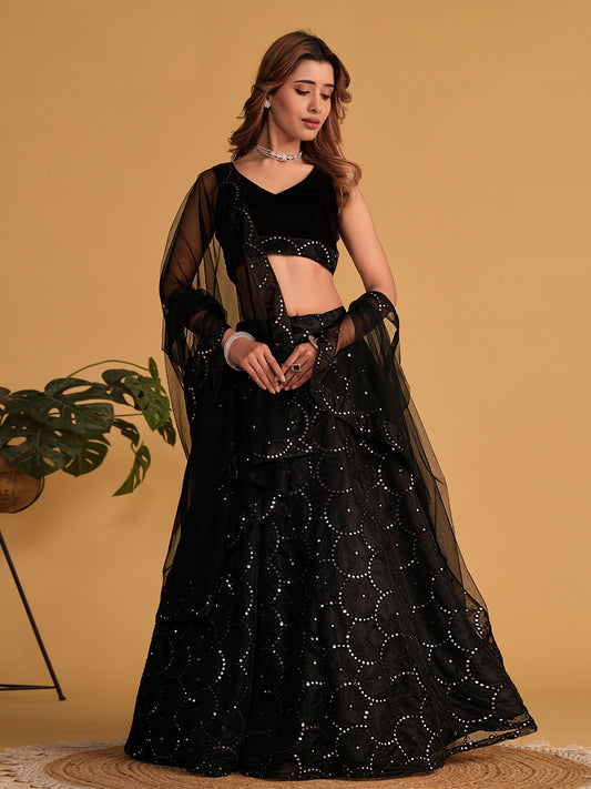 Odette Black Organza Net Embellished Semi Stitched Lehenga With Unstitched Blouse For Women