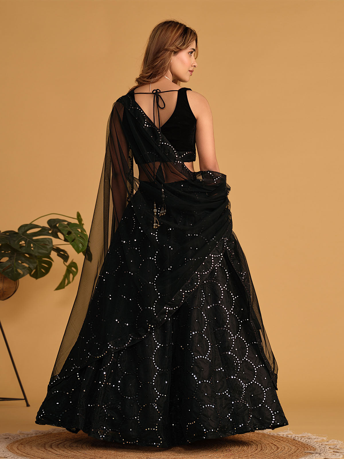 Odette Black Organza Net Embellished Semi Stitched Lehenga With Unstitched Blouse For Women