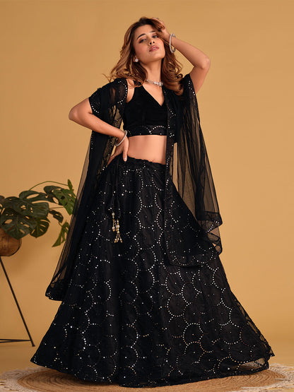 Odette Black Organza Net Embellished Semi Stitched Lehenga With Unstitched Blouse For Women