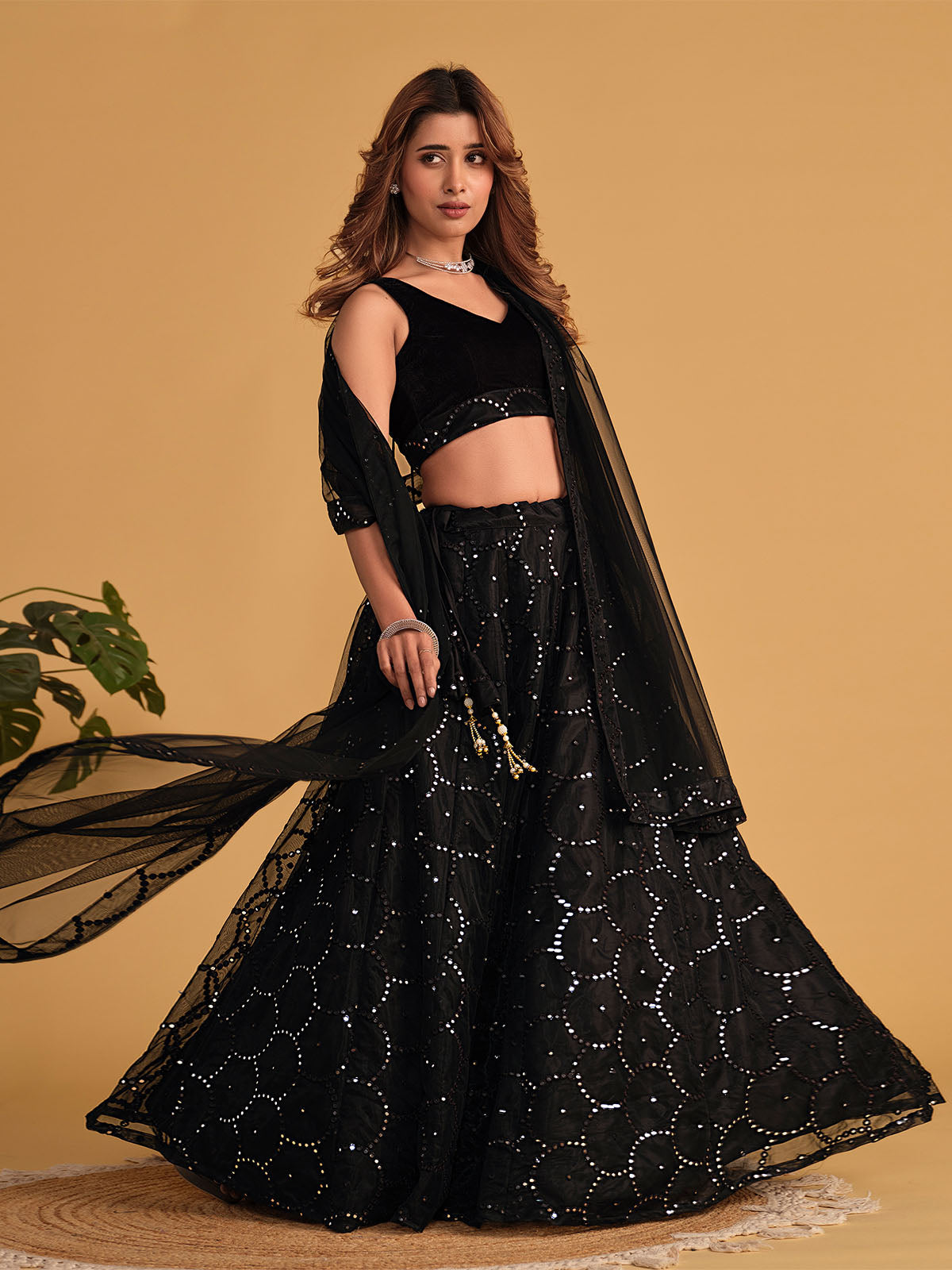 Odette Black Organza Net Embellished Semi Stitched Lehenga With Unstitched Blouse For Women