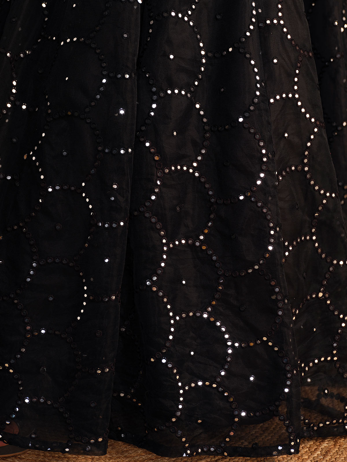 Odette Black Organza Net Embellished Semi Stitched Lehenga With Unstitched Blouse For Women