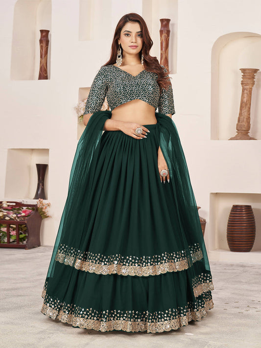 Odette Green Georgette Embellished Semi Stitched Lehenga With Unstitched Blouse For Women