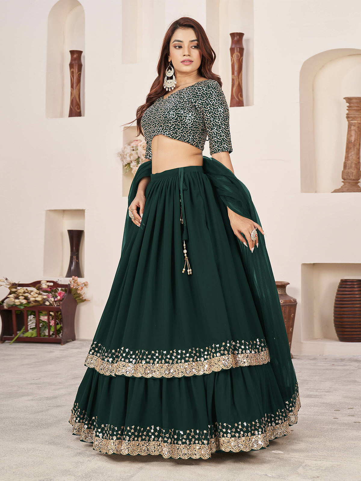 Odette Green Georgette Embellished Semi Stitched Lehenga With Unstitched Blouse For Women