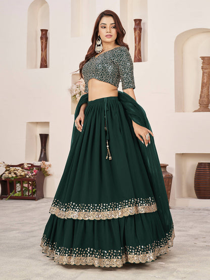 Odette Green Georgette Embellished Semi Stitched Lehenga With Unstitched Blouse For Women