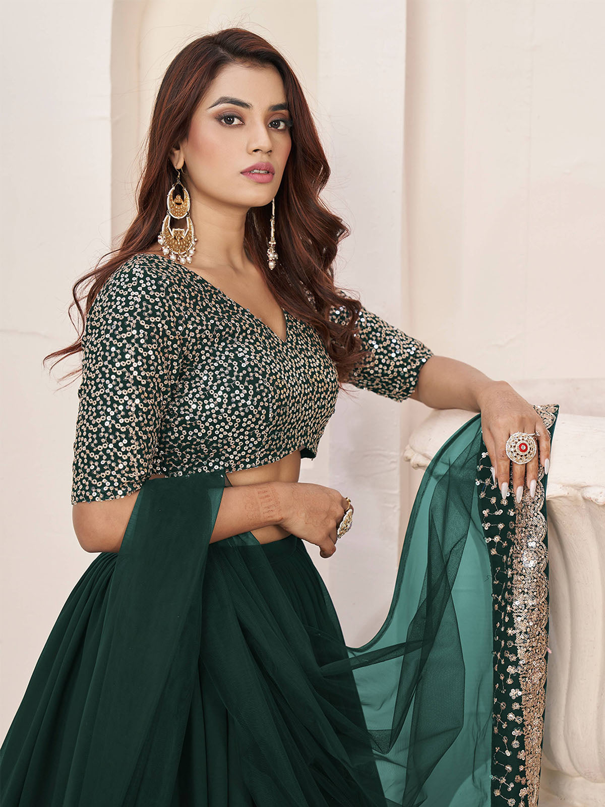 Odette Green Georgette Embellished Semi Stitched Lehenga With Unstitched Blouse For Women