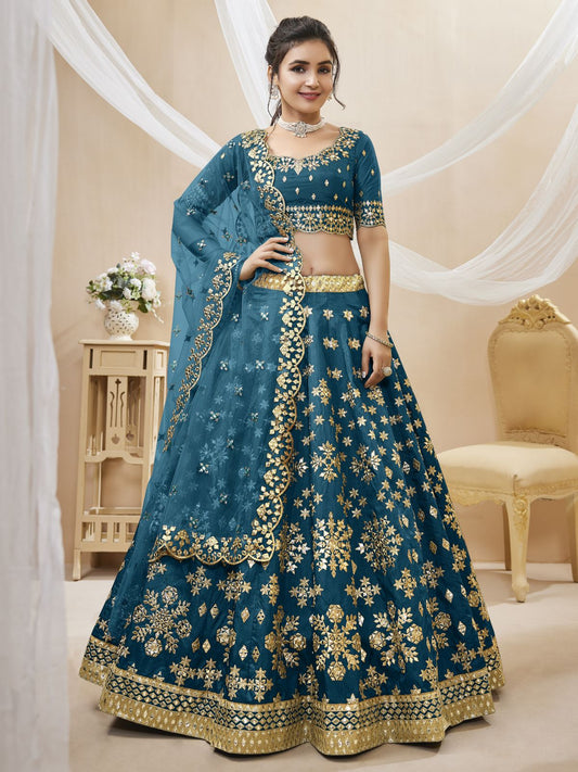Odette Blue Art Silk Embroidered Semi Stitched Lehenga With Unstitched Blouse For Women